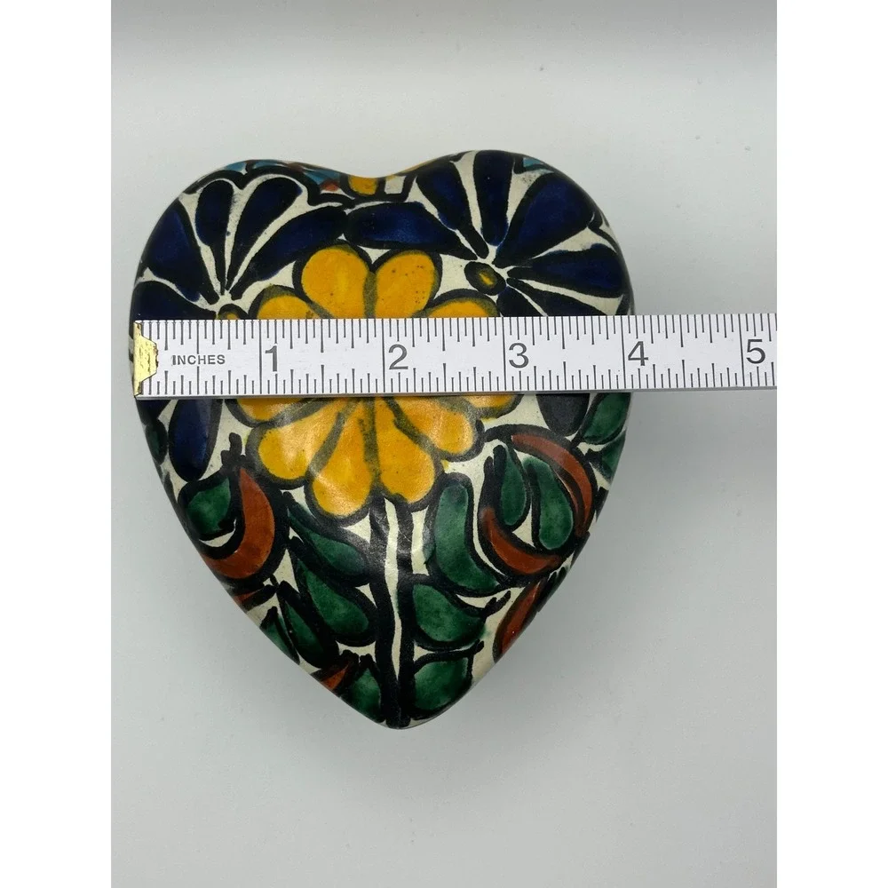 Amora Talavera Pottery Heart Trinket Box Hand Painted Floral Mexican Folk‎ Art